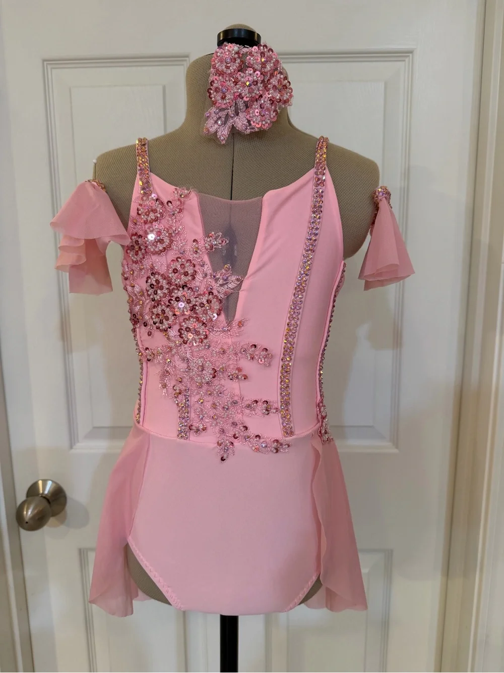 Lyrical Dance Costume Pink Sequin Floral Appliqué Dance Leotard